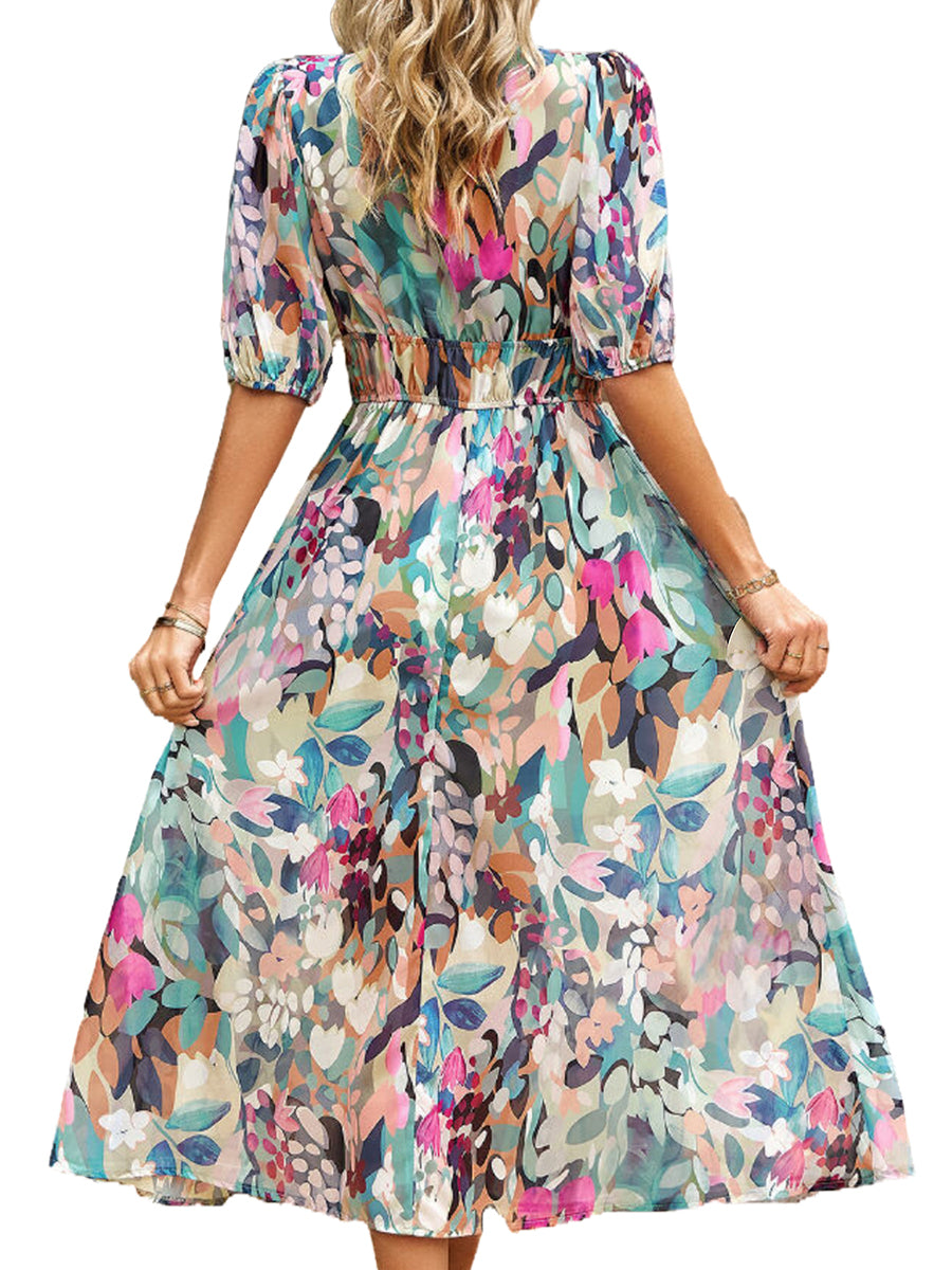 Midi Dresses - Temperament Print Waist V Neck Midi Dress - MsDressly