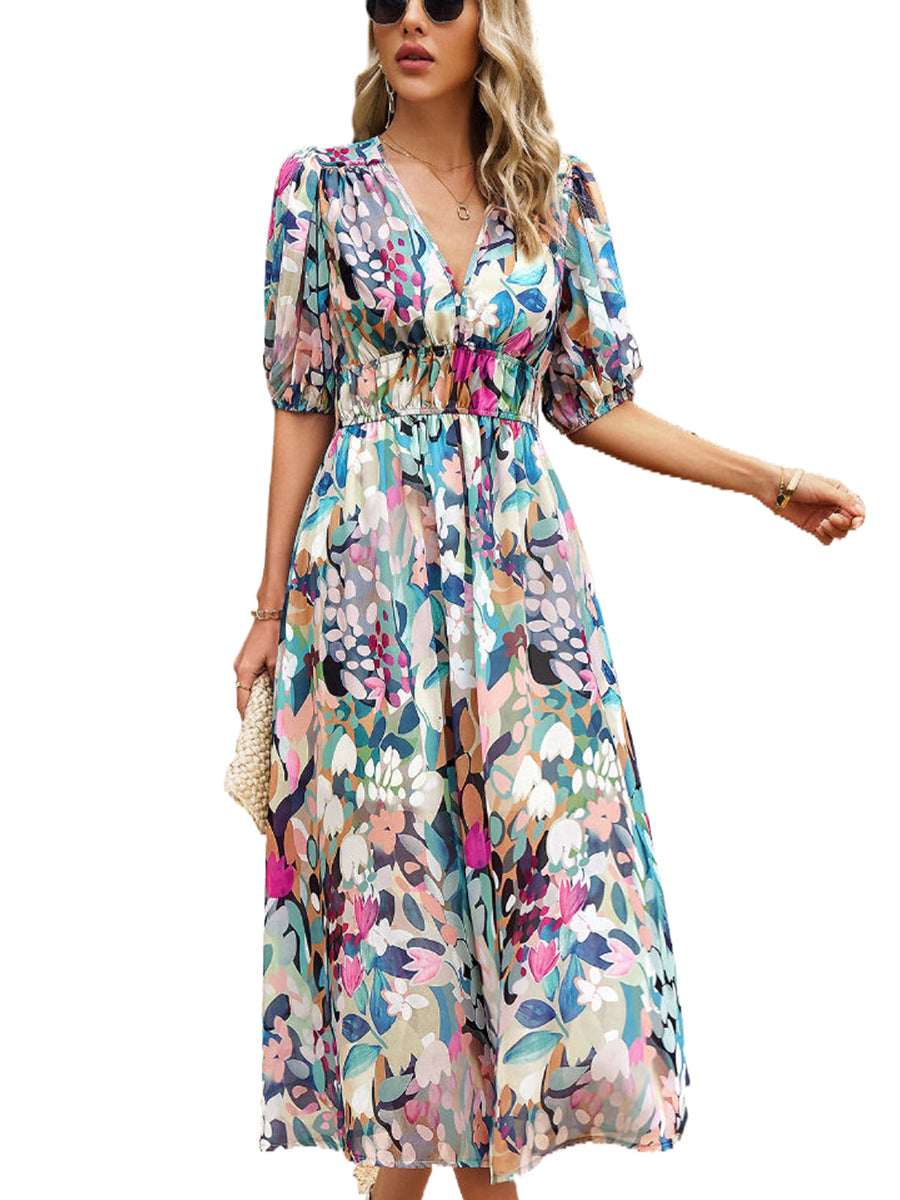 Midi Dresses - Temperament Print Waist V Neck Midi Dress - MsDressly