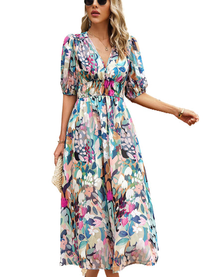 Midi Dresses - Temperament Print Waist V Neck Midi Dress - MsDressly