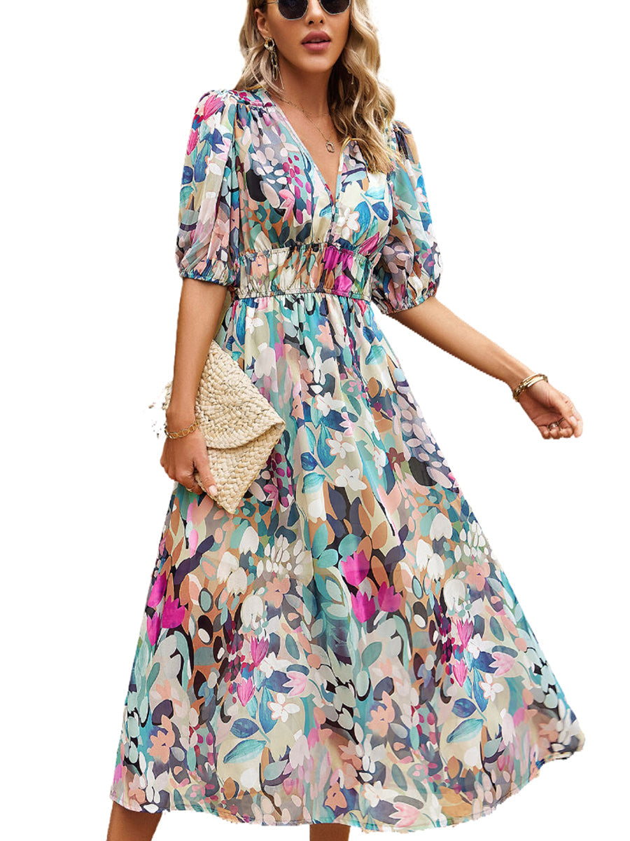 Midi Dresses - Temperament Print Waist V Neck Midi Dress - MsDressly