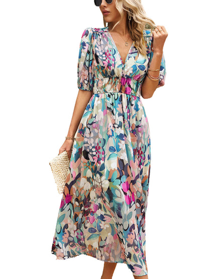 Midi Dresses - Temperament Print Waist V Neck Midi Dress - MsDressly