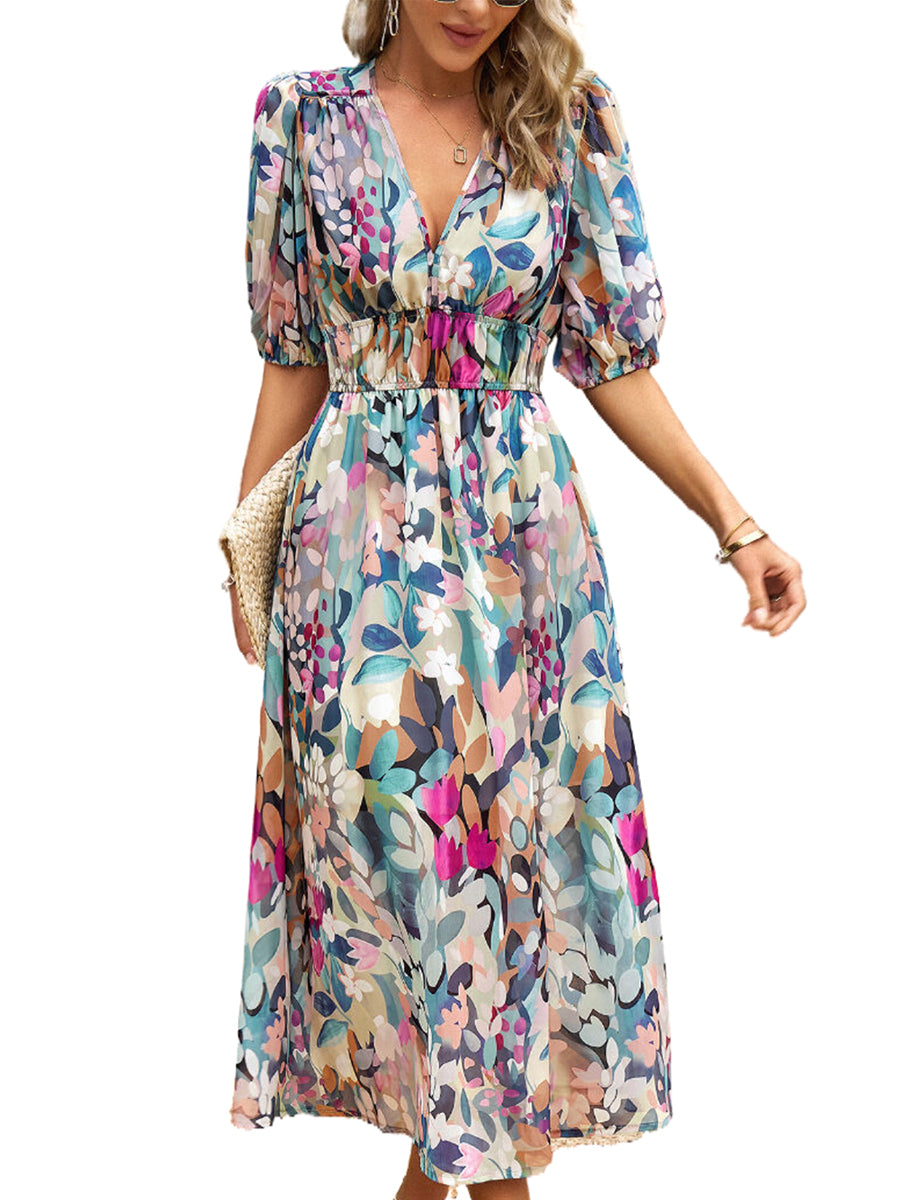 Midi Dresses - Temperament Print Waist V Neck Midi Dress - MsDressly