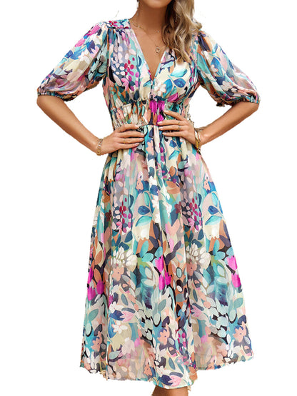 Midi Dresses - Temperament Print Waist V Neck Midi Dress - MsDressly