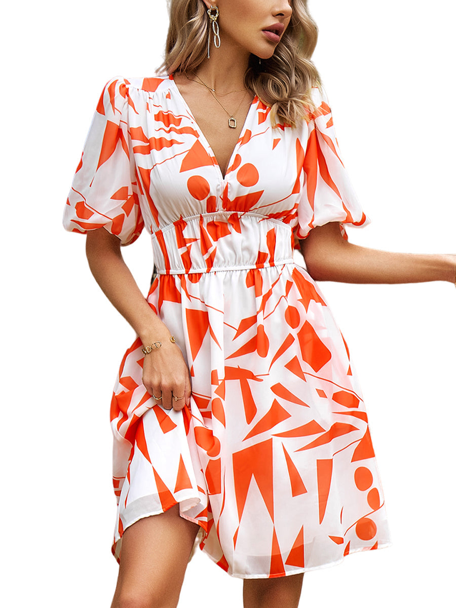 Mini Dresses - Print Temperament Waist V Neck Mini Dress - MsDressly