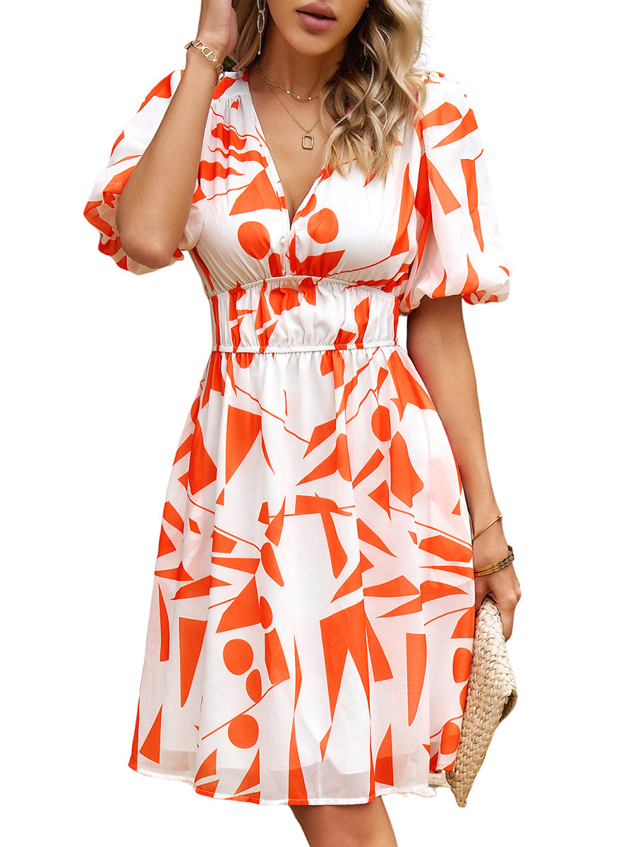 Mini Dresses - Print Temperament Waist V Neck Mini Dress - MsDressly