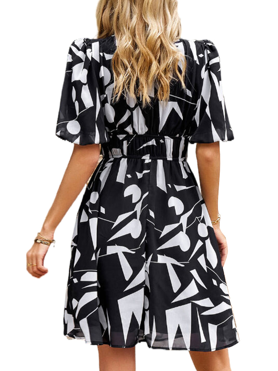 Mini Dresses - Print Temperament Waist V Neck Mini Dress - MsDressly