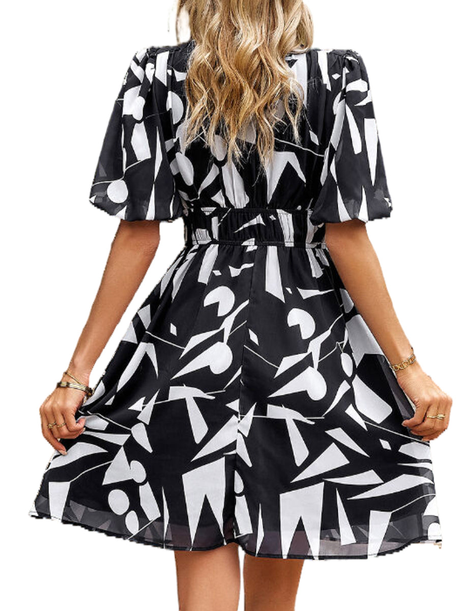 Mini Dresses - Print Temperament Waist V Neck Mini Dress - MsDressly