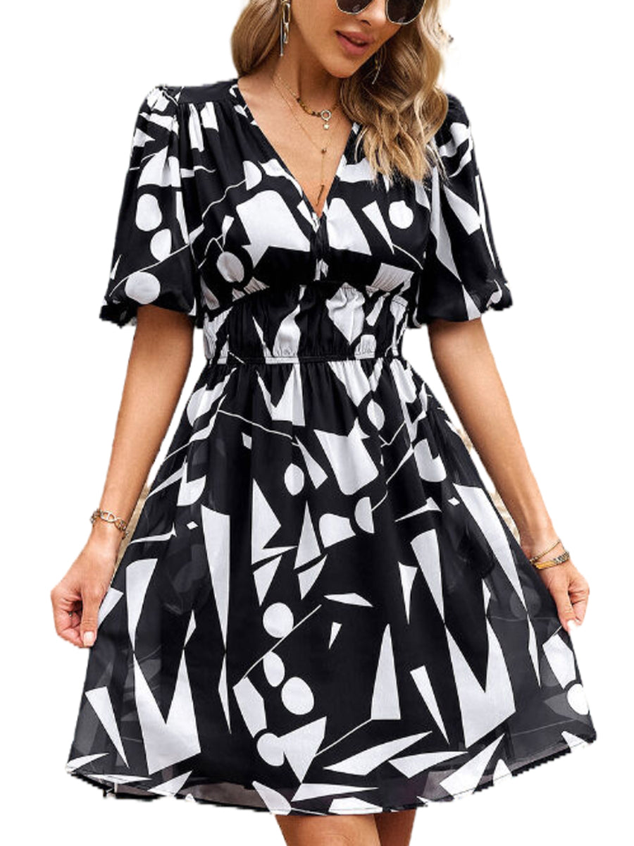 Mini Dresses - Print Temperament Waist V Neck Mini Dress - MsDressly
