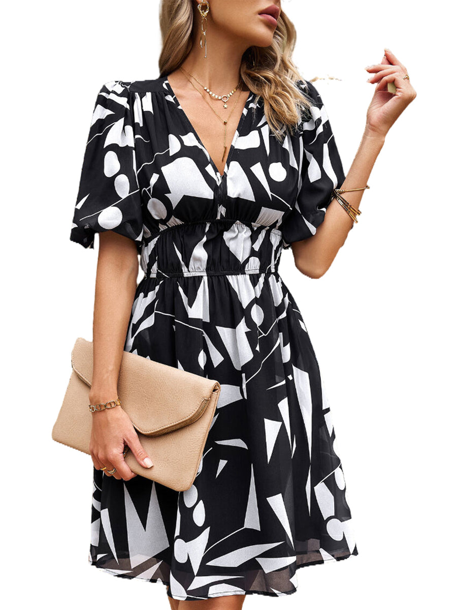 Mini Dresses - Print Temperament Waist V Neck Mini Dress - MsDressly