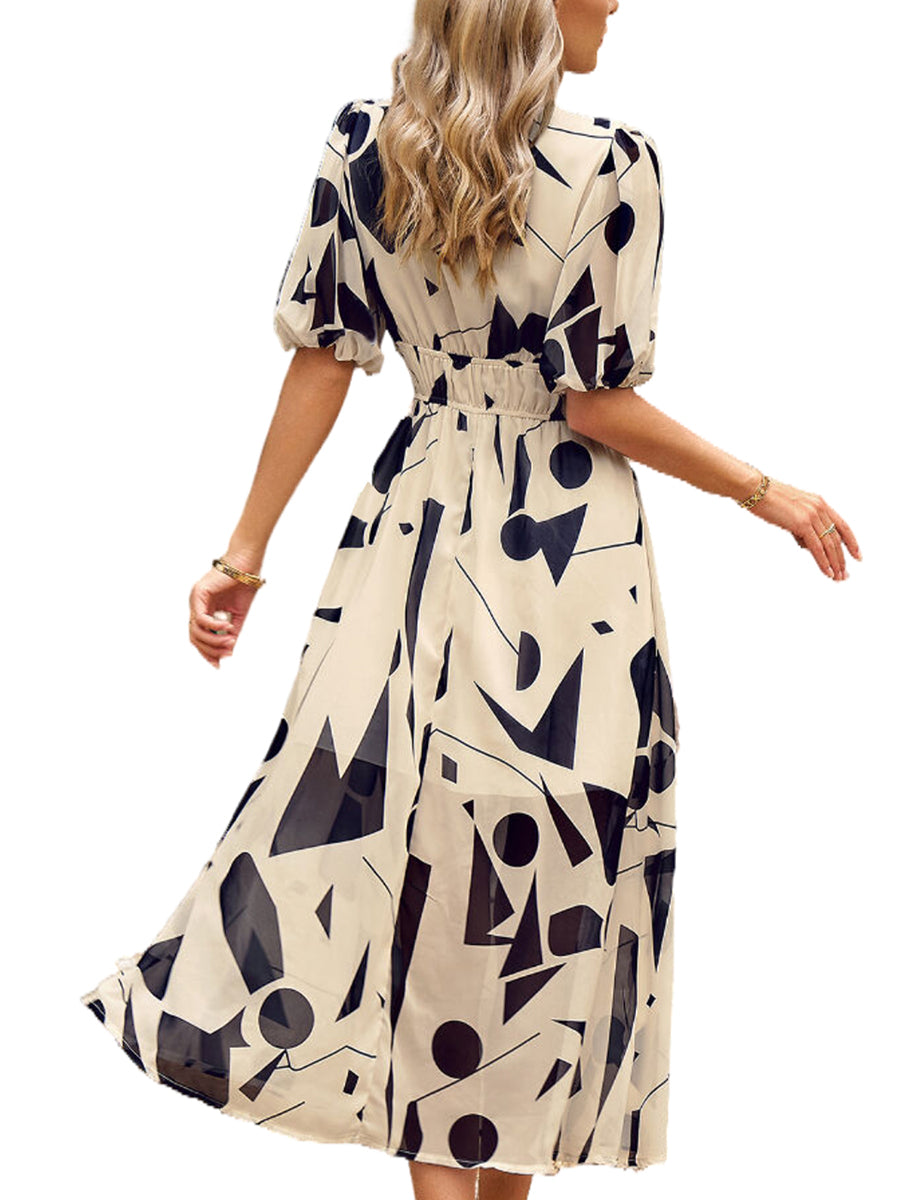 Midi Dresses - Temperament Print Waist V Neck Midi Dress - MsDressly