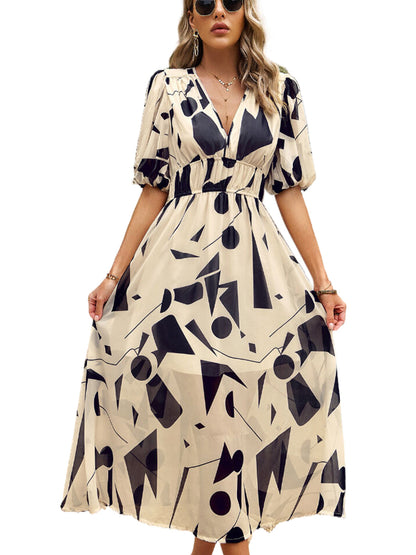 Midi Dresses - Temperament Print Waist V Neck Midi Dress - MsDressly