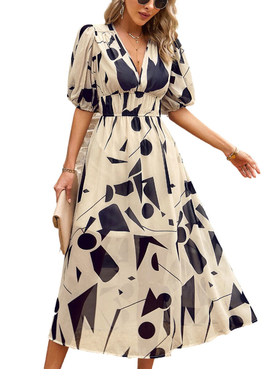 Midi Dresses - Temperament Print Waist V Neck Midi Dress - MsDressly