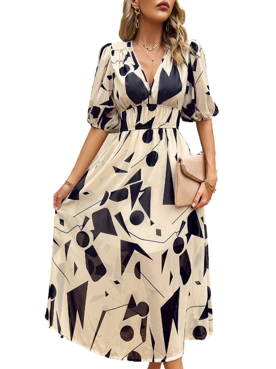 Midi Dresses - Temperament Print Waist V Neck Midi Dress - MsDressly