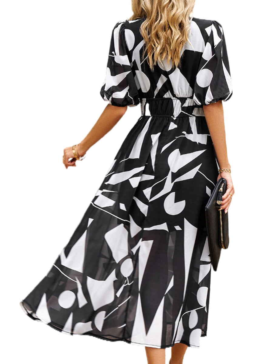 Midi Dresses - Temperament Print Waist V Neck Midi Dress - MsDressly