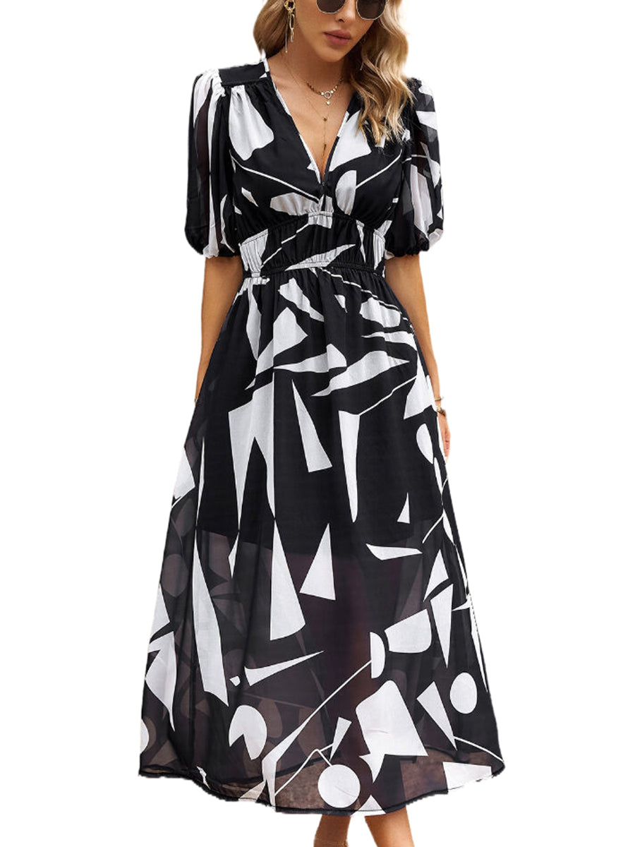 Midi Dresses - Temperament Print Waist V Neck Midi Dress - MsDressly
