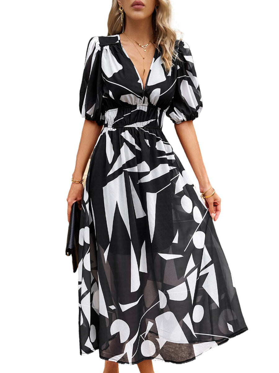Midi Dresses - Temperament Print Waist V Neck Midi Dress - MsDressly