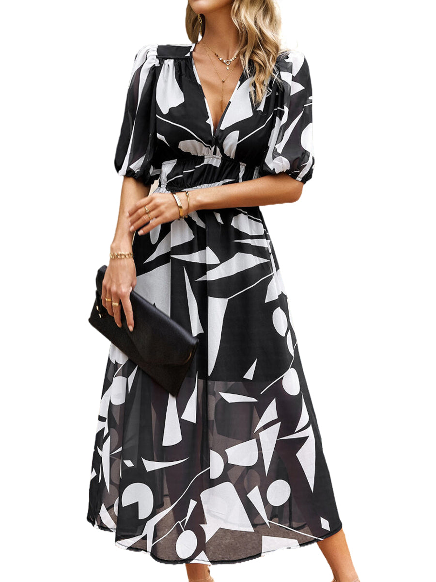 Midi Dresses - Temperament Print Waist V Neck Midi Dress - MsDressly