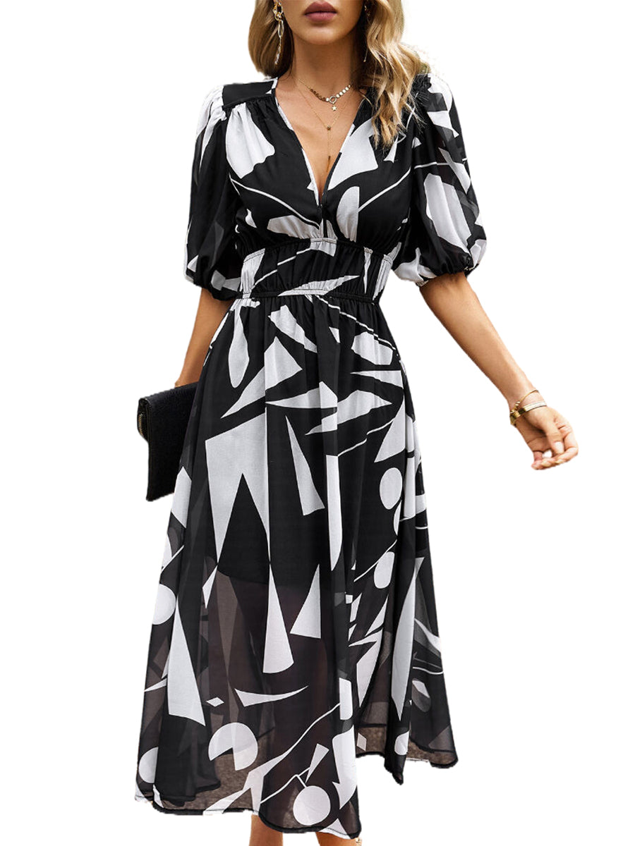 Midi Dresses - Temperament Print Waist V Neck Midi Dress - MsDressly