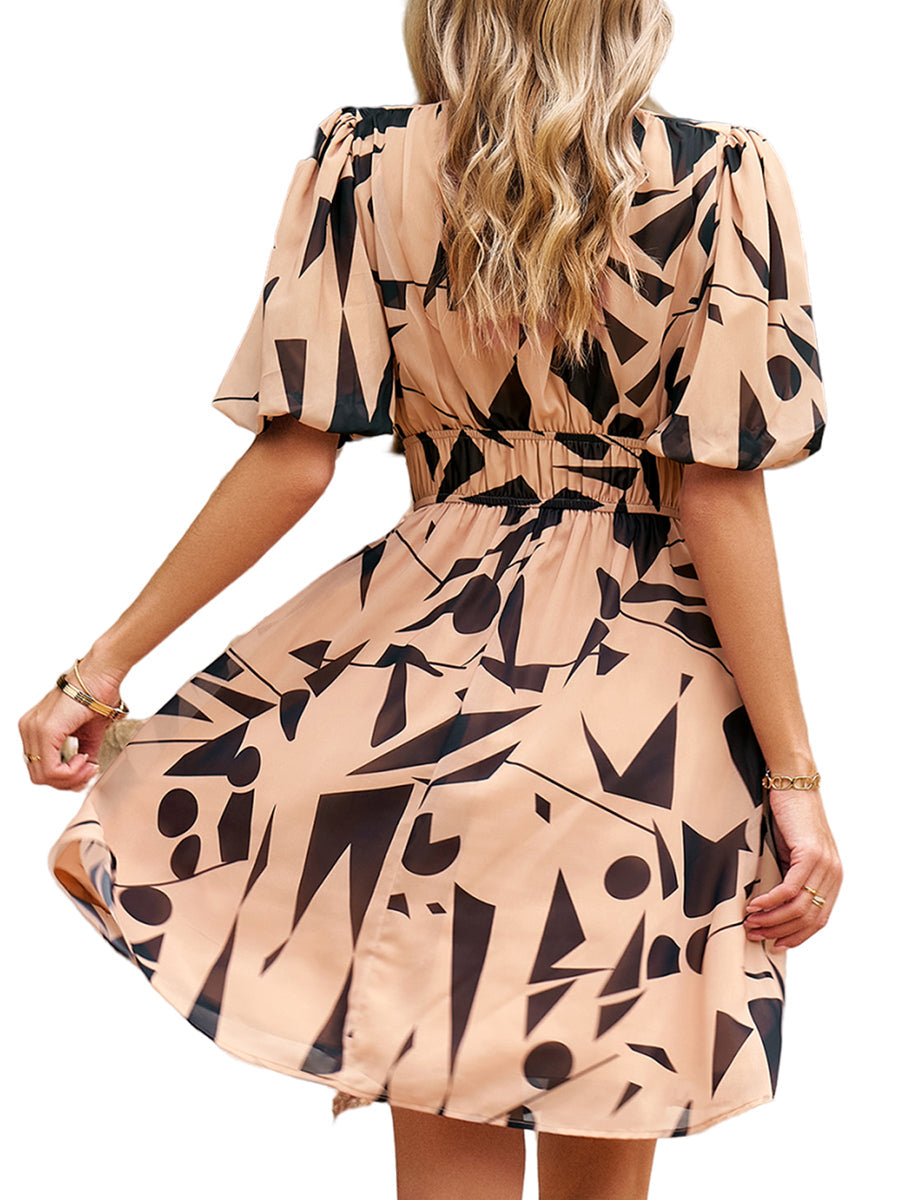 Mini Dresses - Print Temperament Waist V Neck Mini Dress - MsDressly