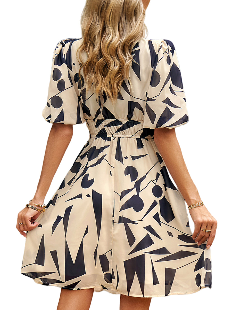 Mini Dresses - Print Temperament Waist V Neck Mini Dress - MsDressly