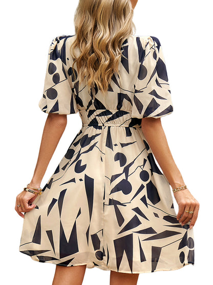 Mini Dresses - Print Temperament Waist V Neck Mini Dress - MsDressly