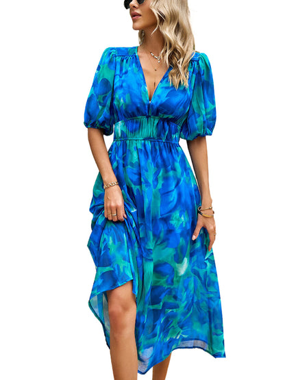 Midi Dresses - Temperament Print Waist V Neck Midi Dress - MsDressly