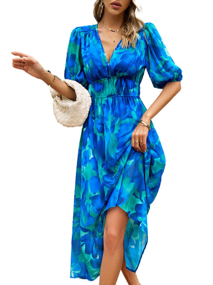 Midi Dresses - Temperament Print Waist V Neck Midi Dress - MsDressly