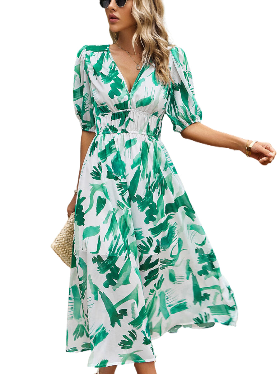 Midi Dresses - Temperament Print Waist V Neck Midi Dress - MsDressly