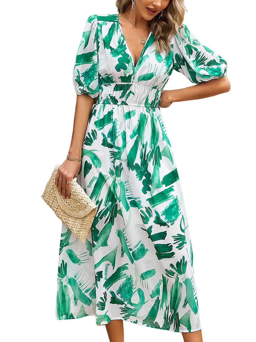 Midi Dresses - Temperament Print Waist V Neck Midi Dress - MsDressly