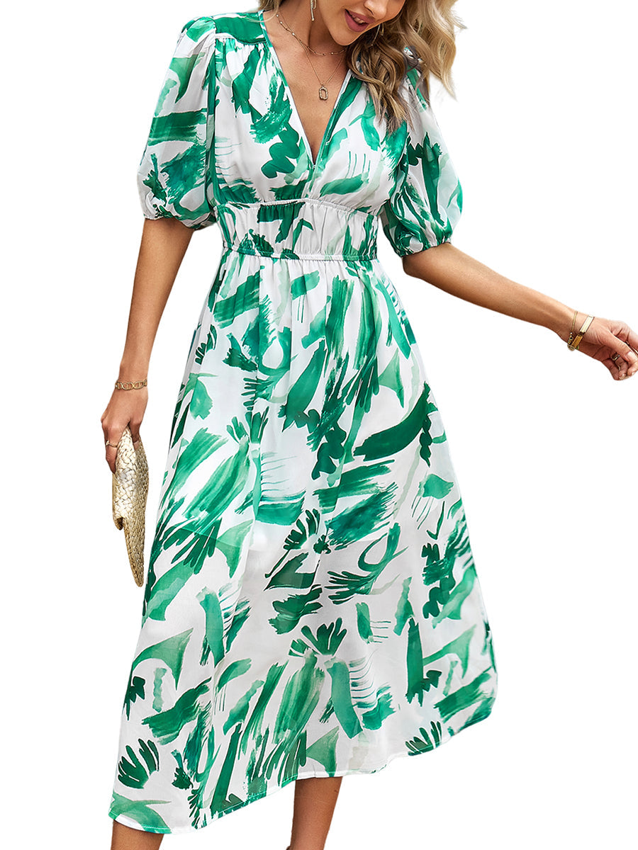 Midi Dresses - Temperament Print Waist V Neck Midi Dress - MsDressly