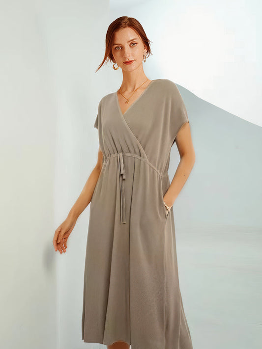 V-Neck Solid Color Waist Knitted Loose Casual Midi Dress