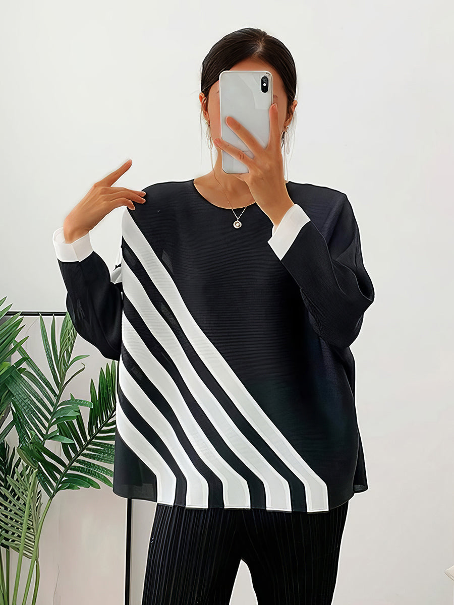 T-Shirts - Pleated Loose Striped Bottoming T-Shirt - MsDressly