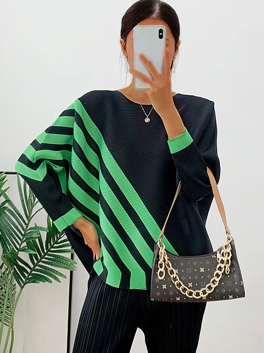 Pleated Loose Striped Bottoming T-Shirt