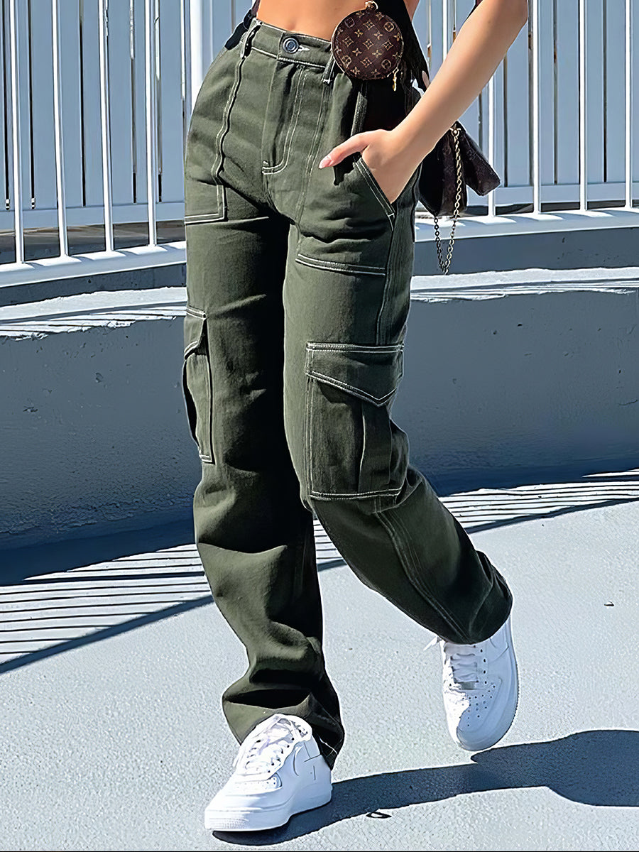 Pants - Fashion Low Waist Straight Multi Pocket Pants - MsDressly