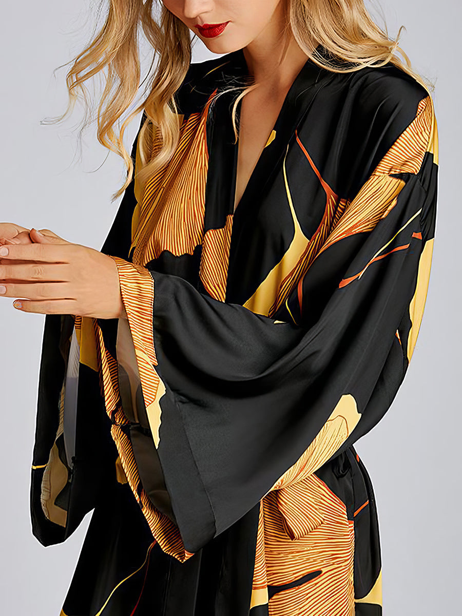 Pajamas - Ice Silk Light Luxury Ginkgo Print Pajama - MsDressly