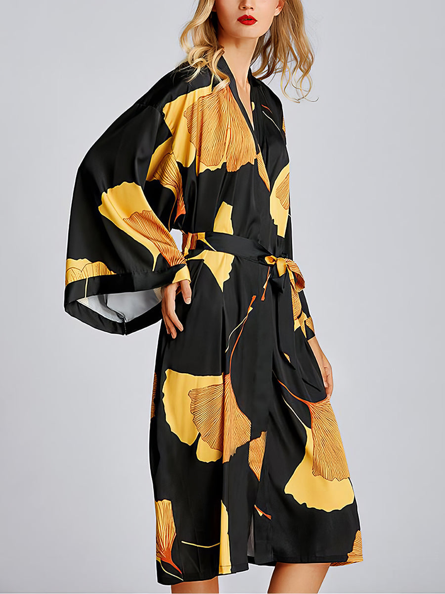 Pajamas - Ice Silk Light Luxury Ginkgo Print Pajama - MsDressly