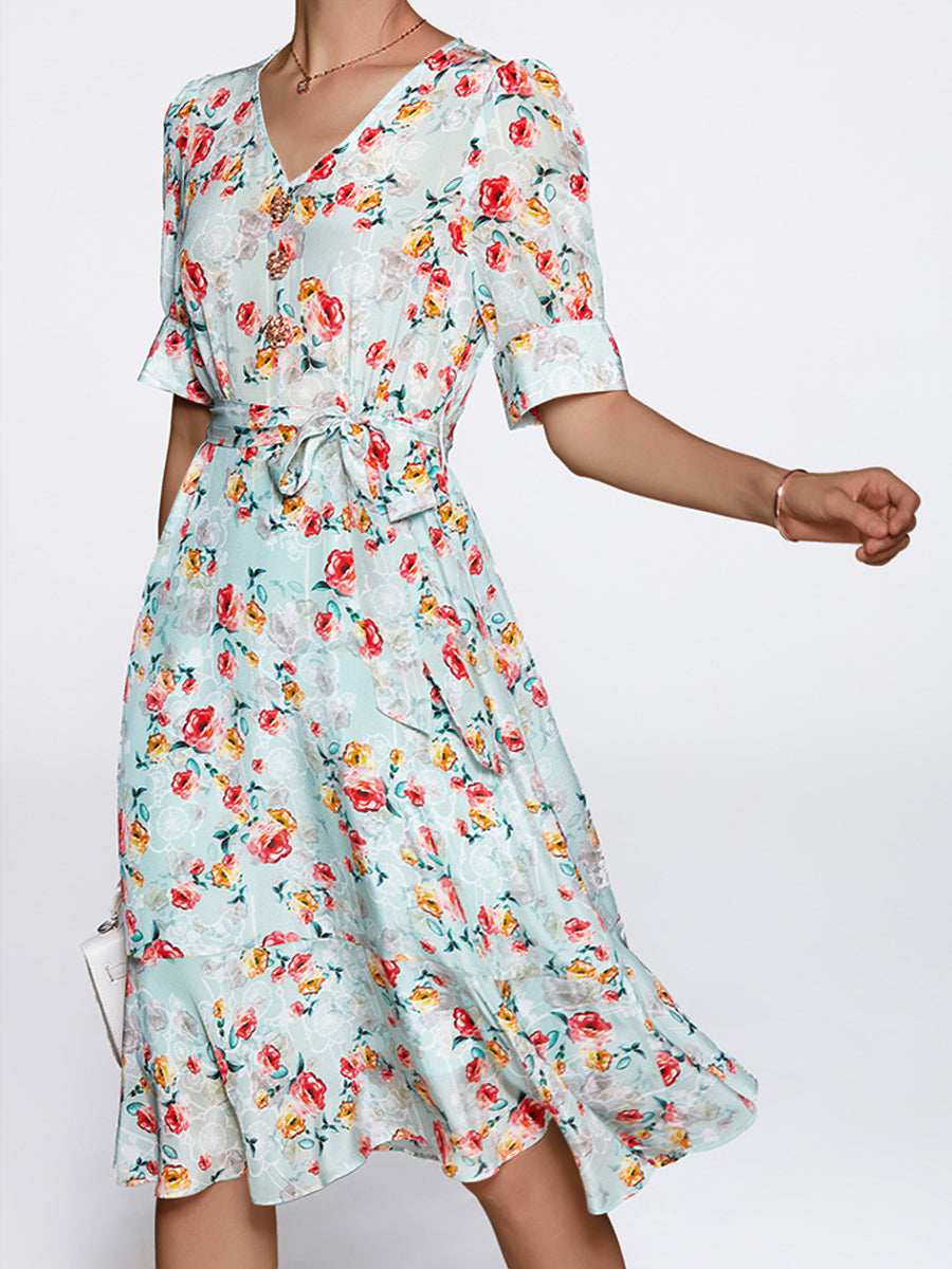 Mini Dresses - Floral Temperament Commuting Fashion V-Neck Mini Dress - MsDressly