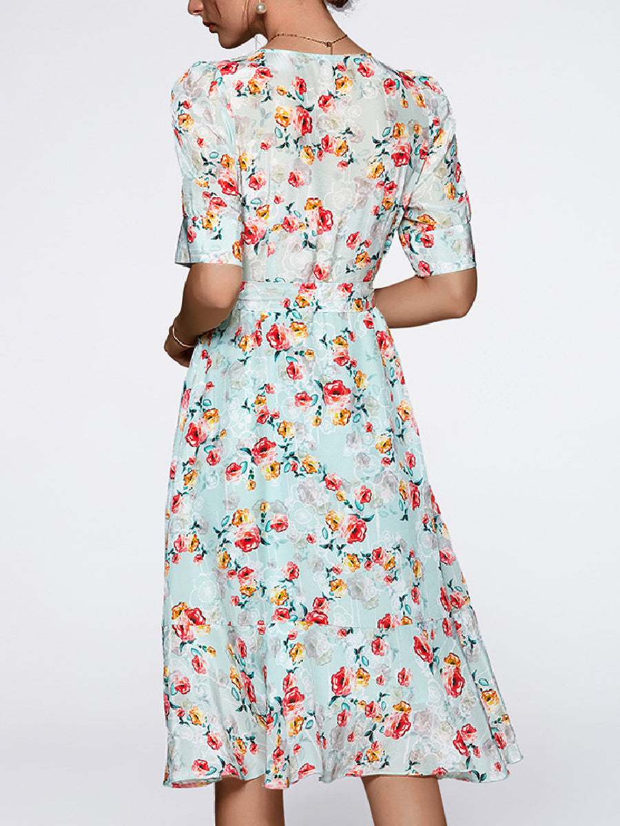 Mini Dresses - Floral Temperament Commuting Fashion V-Neck Mini Dress - MsDressly