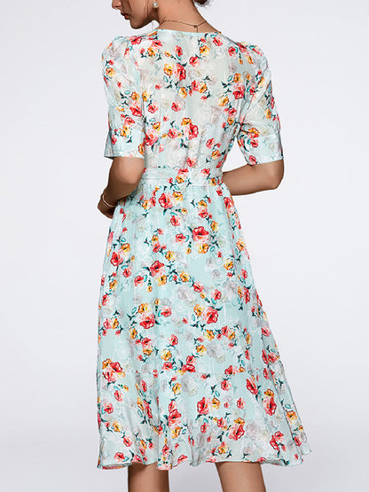 Mini Dresses - Floral Temperament Commuting Fashion V-Neck Mini Dress - MsDressly