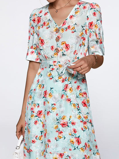 Mini Dresses - Floral Temperament Commuting Fashion V-Neck Mini Dress - MsDressly