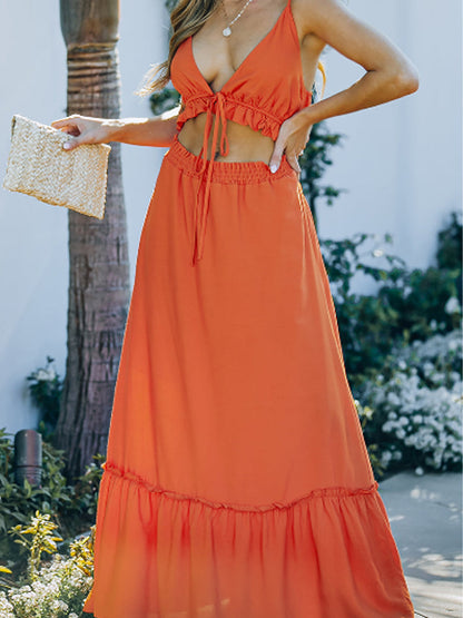 Maxi Dresses - Frill Trim Cutout Spaghetti Strap Maxi Dress - MsDressly