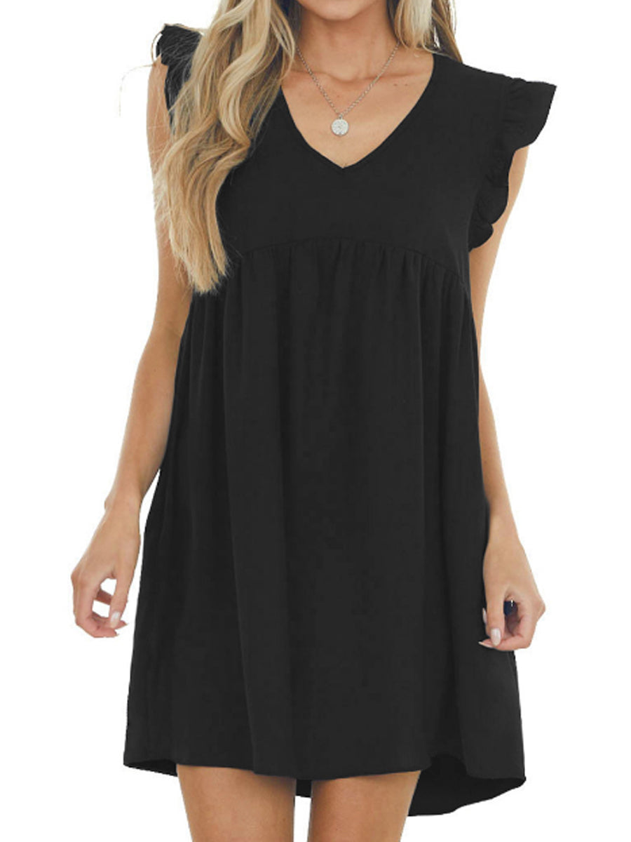 Dresses - Babydoll Ruffle V Neck Crepe Mini Dress - MsDressly
