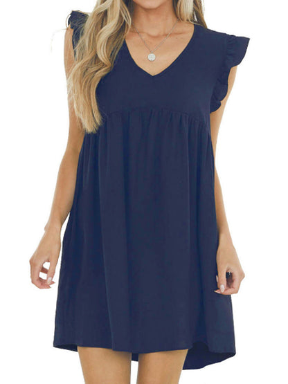 Dresses - Babydoll Ruffle V Neck Crepe Mini Dress - MsDressly