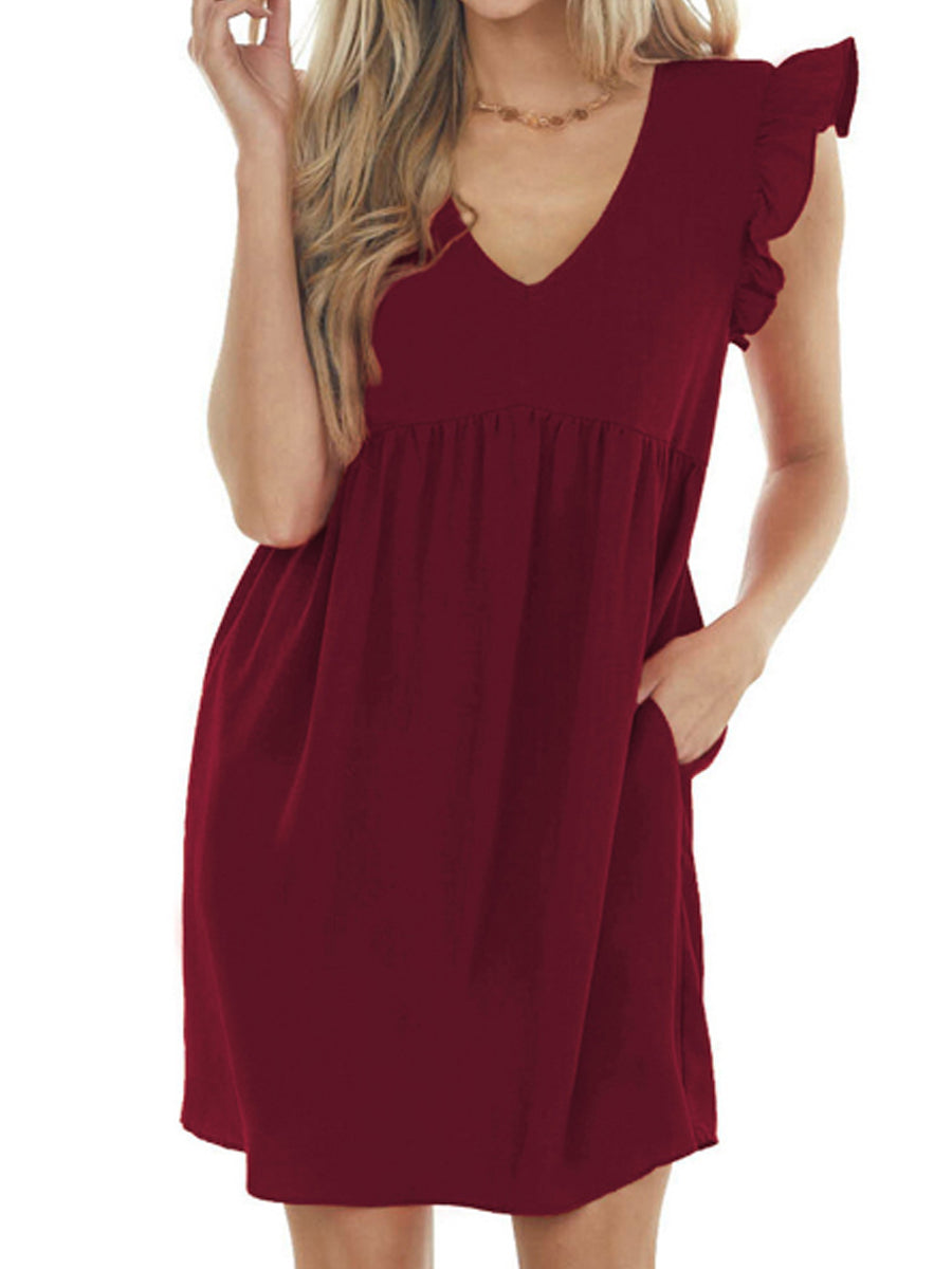 Dresses - Babydoll Ruffle V Neck Crepe Mini Dress - MsDressly