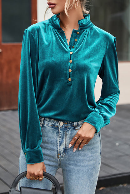 Frilled Neck Green Velvet Top with Buttoned Front