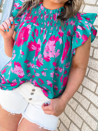 Green Blossom Ruffle Detail Plus Size Top