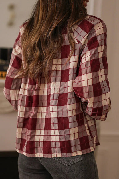 Wild Ginger Plaid Print Shirred Detail Round Neck Long Puff Sleeve Shirt