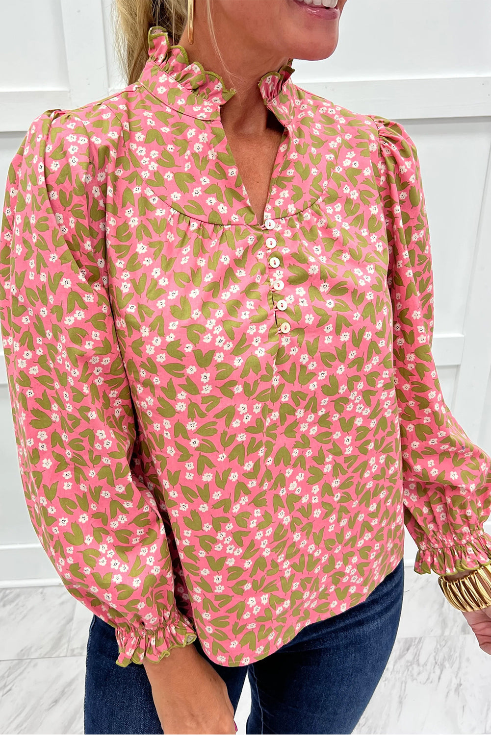 Pink Floral Print Frilled Collar Ruffled Long Sleeve Blouse