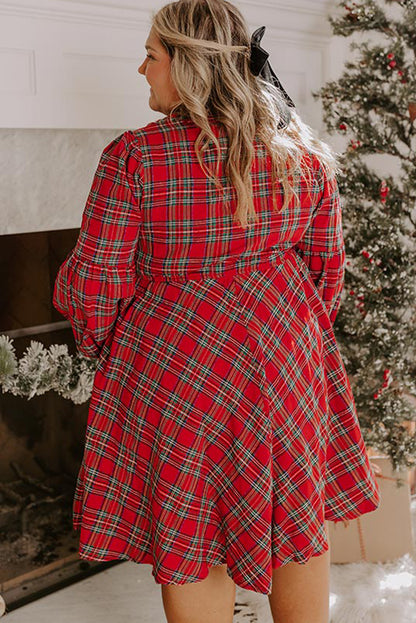 Red Plus Size Plaid Half Button Long Sleeve Holiday Dress