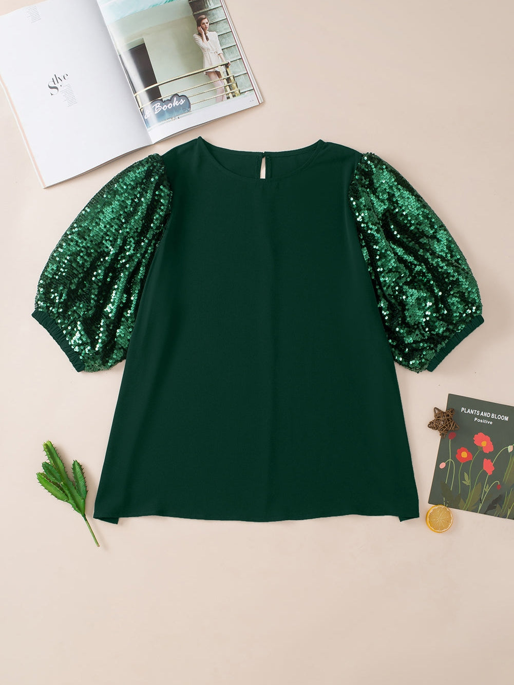Blackish Green Plus Size Sequin Short Puff Sleeve Top